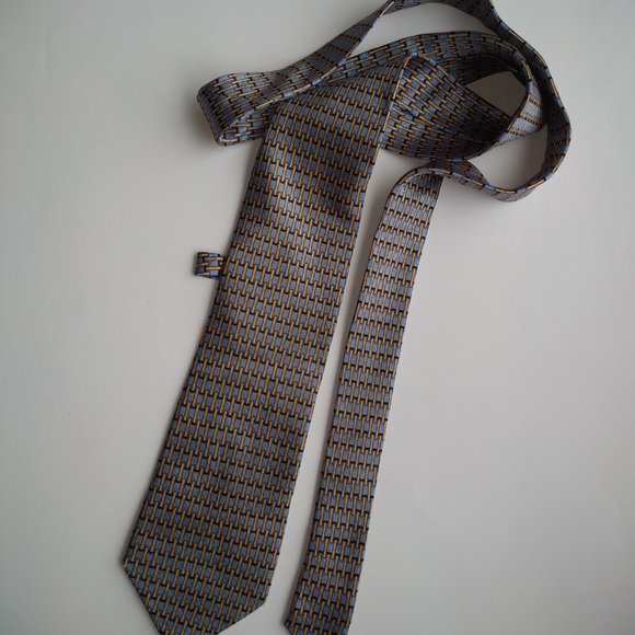 Carlo Ricci Blue, Yellow Gold & Black Rectangular Pattern 100% Silk Tie - Picture 4 of 5